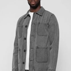 Man Jackets Washed Denim Coach Jacket - Grey CO-ORDS