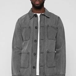 Man Jackets Washed Denim Coach Jacket - Grey CO-ORDS