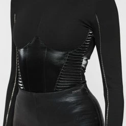 Woman Tops Vegan Leather Corset Bandage Bodysuit - Black