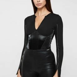 Woman Tops Vegan Leather Corset Bandage Bodysuit - Black