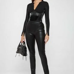 Woman Tops Vegan Leather Corset Bandage Bodysuit - Black
