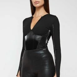 Woman Tops Vegan Leather Corset Bandage Bodysuit - Black