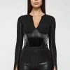 Woman Tops Vegan Leather Corset Bandage Bodysuit - Black
