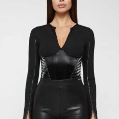 Woman Tops Vegan Leather Corset Bandage Bodysuit - Black