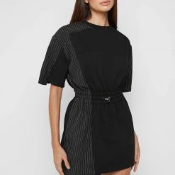 Woman Dresses Pinstripe T Shirt Dress - Black