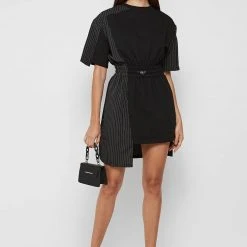 Woman Dresses Pinstripe T Shirt Dress - Black