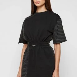 Woman Dresses Pinstripe T Shirt Dress - Black