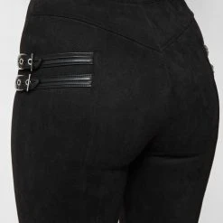 Woman Leggings Vegan Suede Buckle Detail Leggings - Black