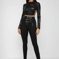 Woman Leggings Vegan Suede Buckle Detail Leggings - Black