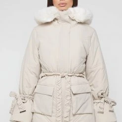 Woman Coats OUTERWEAR Faux Fur Longline Coat - Beige