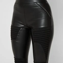 Woman Leggings Vegan Leather & Suede Ribbed Legging - Black