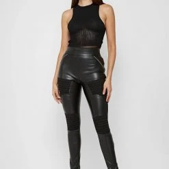 Woman Leggings Vegan Leather & Suede Ribbed Legging - Black