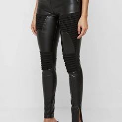 Woman Leggings Vegan Leather & Suede Ribbed Legging - Black