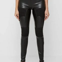 Woman Leggings Vegan Leather & Suede Ribbed Legging - Black