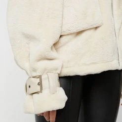 Woman Jackets Oversized Plush Biker Jacket - Beige