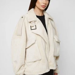 Woman Jackets Oversized Plush Biker Jacket - Beige