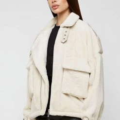 Woman Jackets Oversized Plush Biker Jacket - Beige