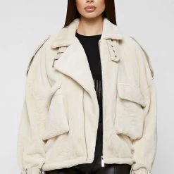 Woman Jackets Oversized Plush Biker Jacket - Beige