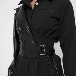 Woman Dresses Woven Overlay Shirt Dress - Black