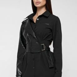 Woman Dresses Woven Overlay Shirt Dress - Black