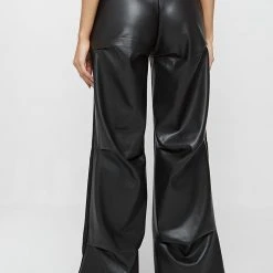 Woman Trousers Woven & Vegan Leather Tacked Trousers - Black