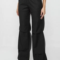 Woman Trousers Woven & Vegan Leather Tacked Trousers - Black