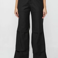 Woman Trousers Woven & Vegan Leather Tacked Trousers - Black