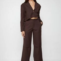Woman Trousers Woven & Vegan Leather Tacked Trousers - Brown