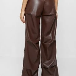Woman Trousers Woven & Vegan Leather Tacked Trousers - Brown