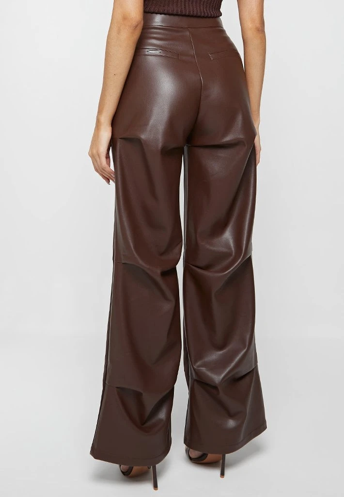 Woman Trousers Woven & Vegan Leather Tacked Trousers - Brown