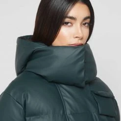 Woman Coats Wrap Neck Puffer Jacket - Forest Green OUTERWEAR