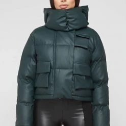 Woman Coats Wrap Neck Puffer Jacket - Forest Green OUTERWEAR