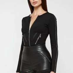 Woman Tops Zip Detail Bodysuit - Black BODYSUITS