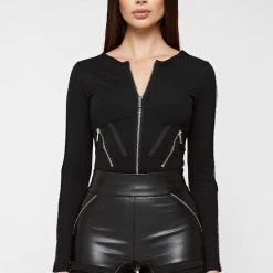 Woman Tops Zip Detail Bodysuit - Black BODYSUITS