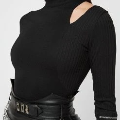 Woman Tops BODYSUITS Zip Detail Half Ribbed Bodysuit - Black