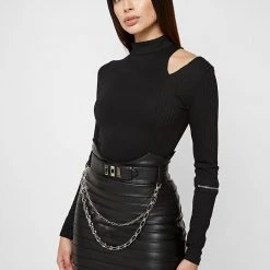 Woman Tops BODYSUITS Zip Detail Half Ribbed Bodysuit - Black