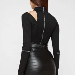 Woman Tops BODYSUITS Zip Detail Half Ribbed Bodysuit - Black