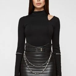 Woman Tops BODYSUITS Zip Detail Half Ribbed Bodysuit - Black