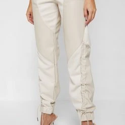 Woman Trousers Zip Detail Vegan Leather & Suede Trousers - Beige