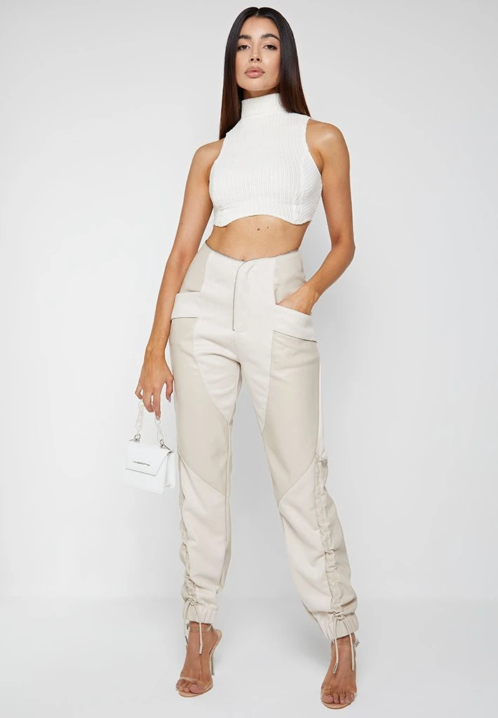 Woman Trousers Zip Detail Vegan Leather & Suede Trousers - Beige