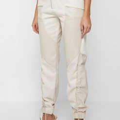 Woman Trousers Zip Detail Vegan Leather & Suede Trousers - Beige