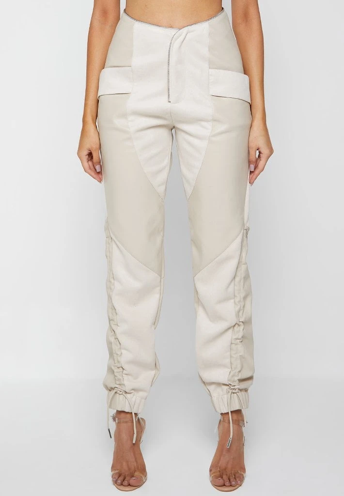 Woman Trousers Zip Detail Vegan Leather & Suede Trousers - Beige