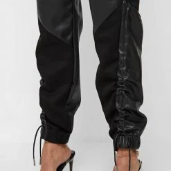Woman Trousers Zip Detail Vegan Suede & Leather Trousers - Black