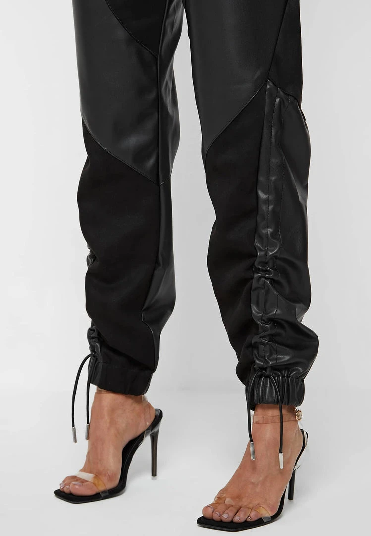 Woman Trousers Zip Detail Vegan Suede & Leather Trousers - Black