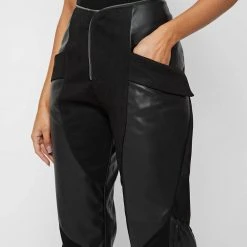 Woman Trousers Zip Detail Vegan Suede & Leather Trousers - Black