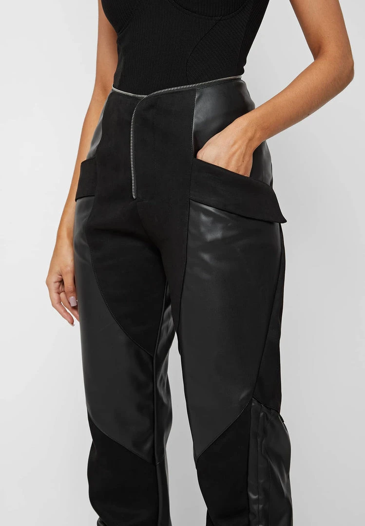 Woman Trousers Zip Detail Vegan Suede & Leather Trousers - Black