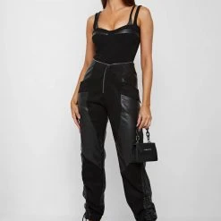 Woman Trousers Zip Detail Vegan Suede & Leather Trousers - Black