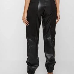 Woman Trousers Zip Detail Vegan Suede & Leather Trousers - Black