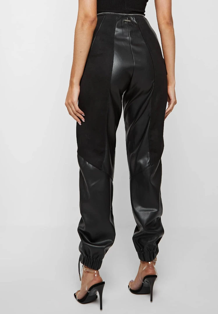 Woman Trousers Zip Detail Vegan Suede & Leather Trousers - Black