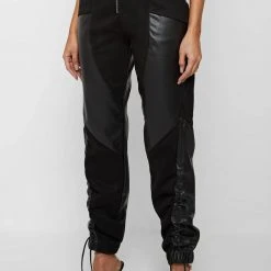 Woman Trousers Zip Detail Vegan Suede & Leather Trousers - Black